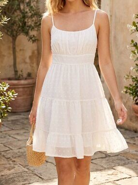 Boture White Babydoll Tiered Mini Dress Sz XS Swiss Dot Ruched Cottagecore Boho